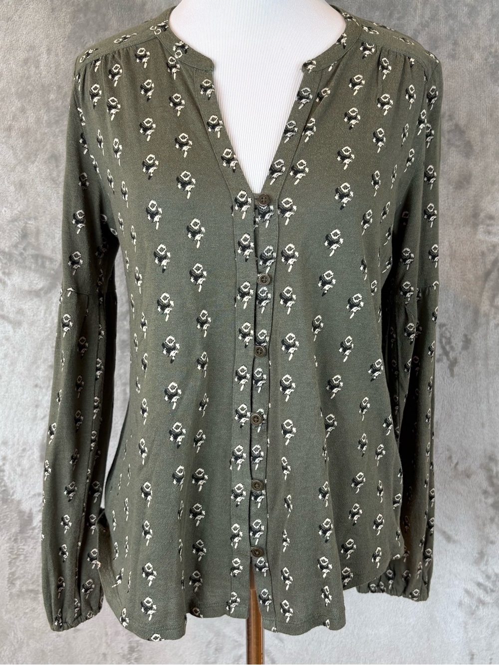 Lucky Brand Olive Green Floral Button-Front Women's Top Blouse Sz S